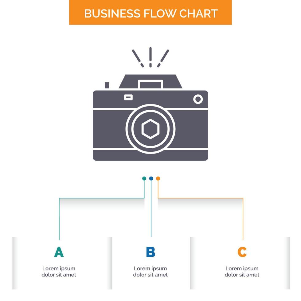 cámara. fotografía. captura. foto. diseño de diagrama de flujo comercial de apertura con 3 pasos. icono de glifo para el lugar de plantilla de fondo de presentación para texto. vector