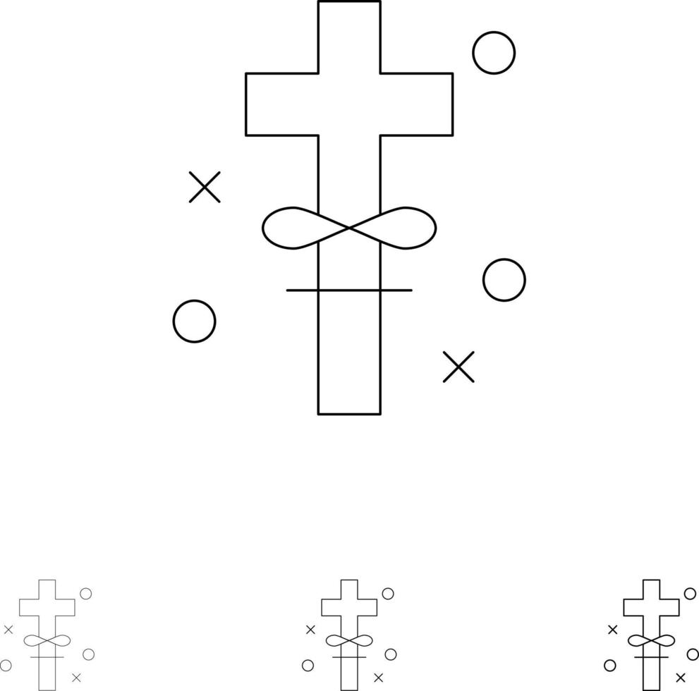 vacaciones cruzadas santa pascua audaz y delgada línea negra conjunto de iconos vector