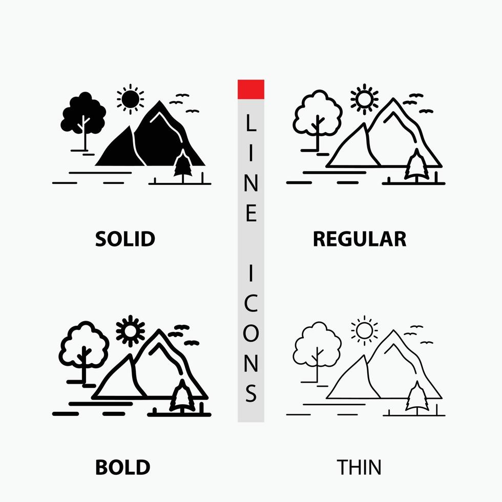 hill. landscape. nature. mountain. sun Icon in Thin. Regular. Bold Line and Glyph Style. Vector illustration