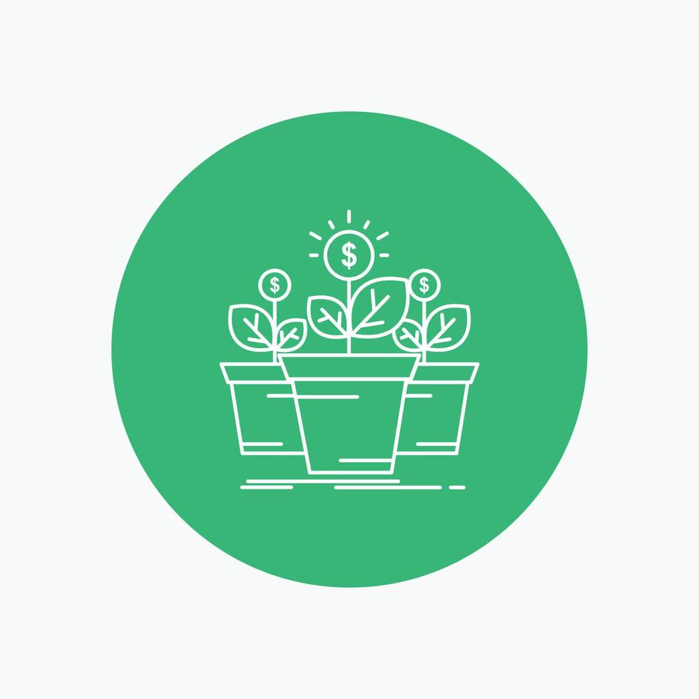growth. money. plant. pot. tree White Line Icon in Circle background. vector icon illustration