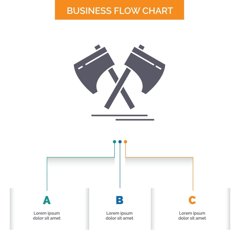 Axe. hatchet. tool. cutter. viking Business Flow Chart Design with 3 Steps. Glyph Icon For Presentation Background Template Place for text. vector