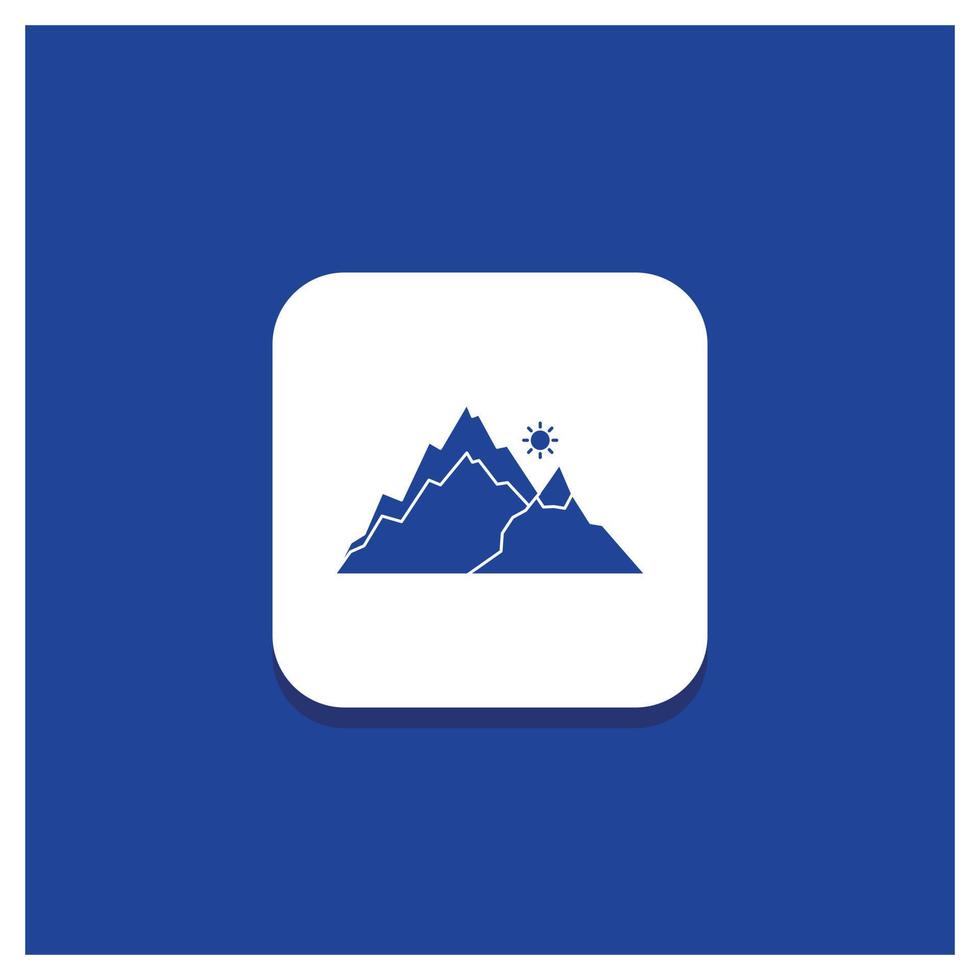 Blue Round Button for mountain. landscape. hill. nature. tree Glyph icon vector