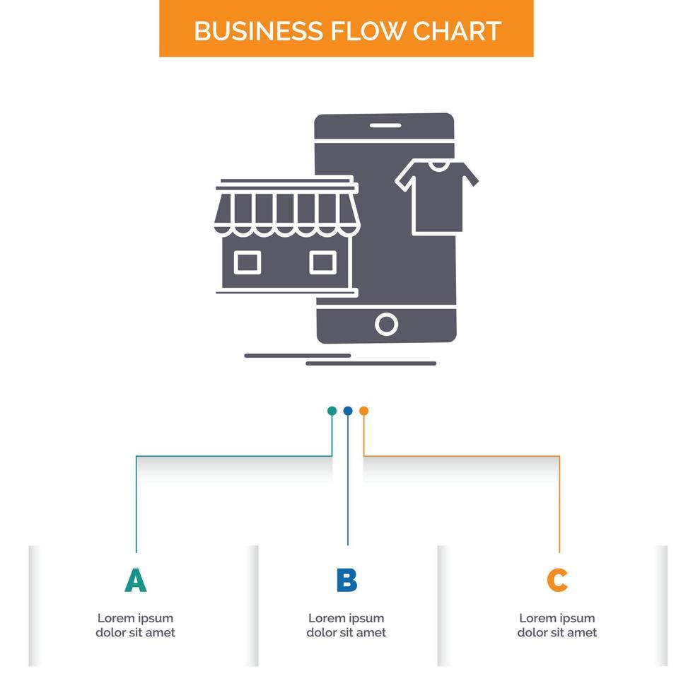 shopping. garments. buy. online. shop Business Flow Chart Design with 3 Steps. Glyph Icon For Presentation Background Template Place for text. vector