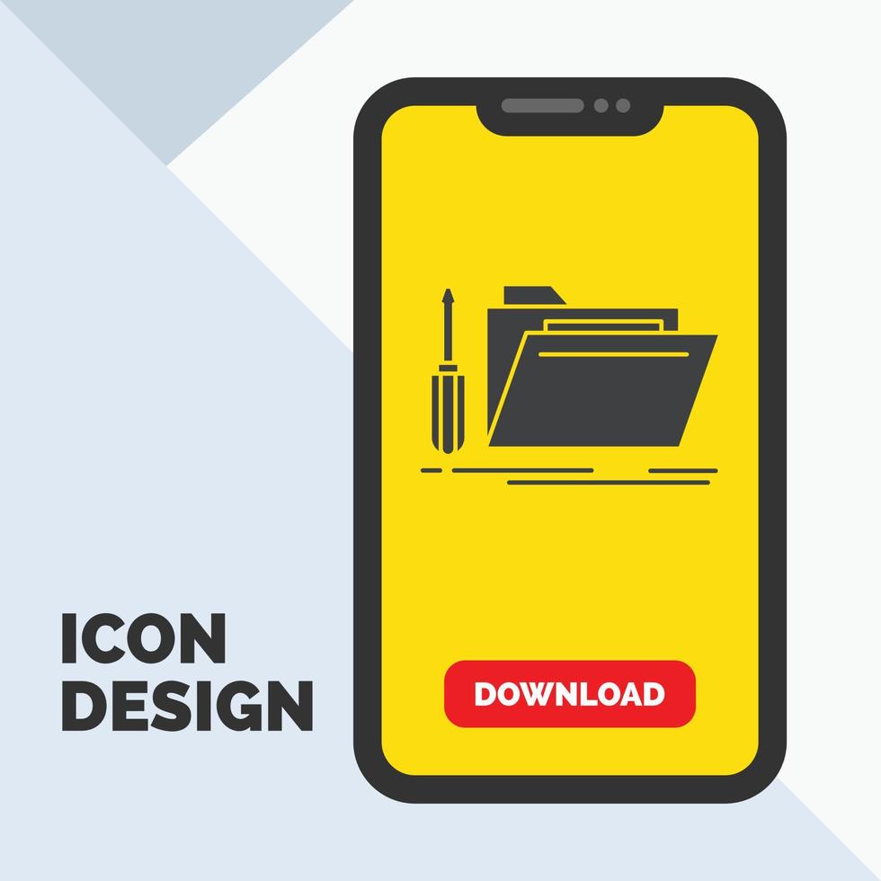 folder. tool. repair. resource. service Glyph Icon in Mobile for Download Page. Yellow Background vector
