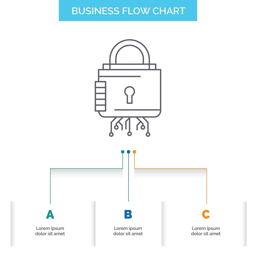 Security. cyber. lock. protection. secure Business Flow Chart Design with 3 Steps. Line Icon For Presentation Background Template Place for text vector