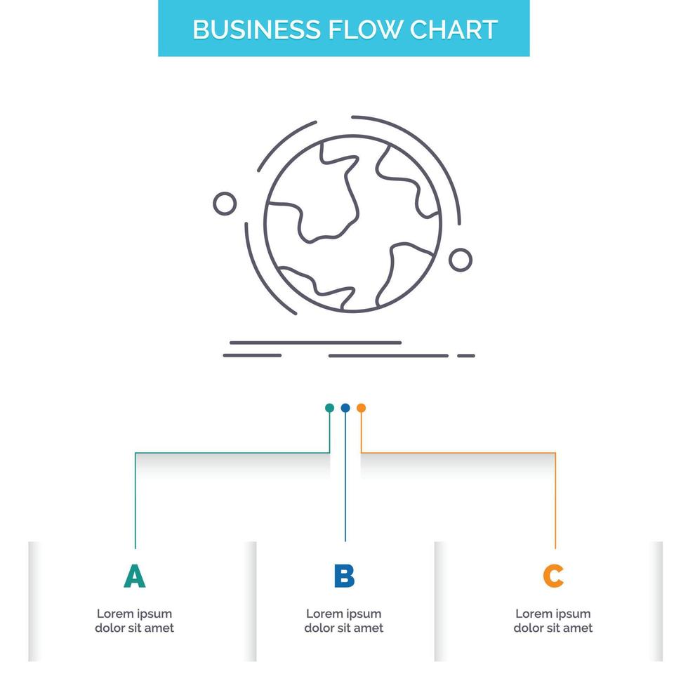 globe. world. discover. connection. network Business Flow Chart Design with 3 Steps. Line Icon For Presentation Background Template Place for text vector