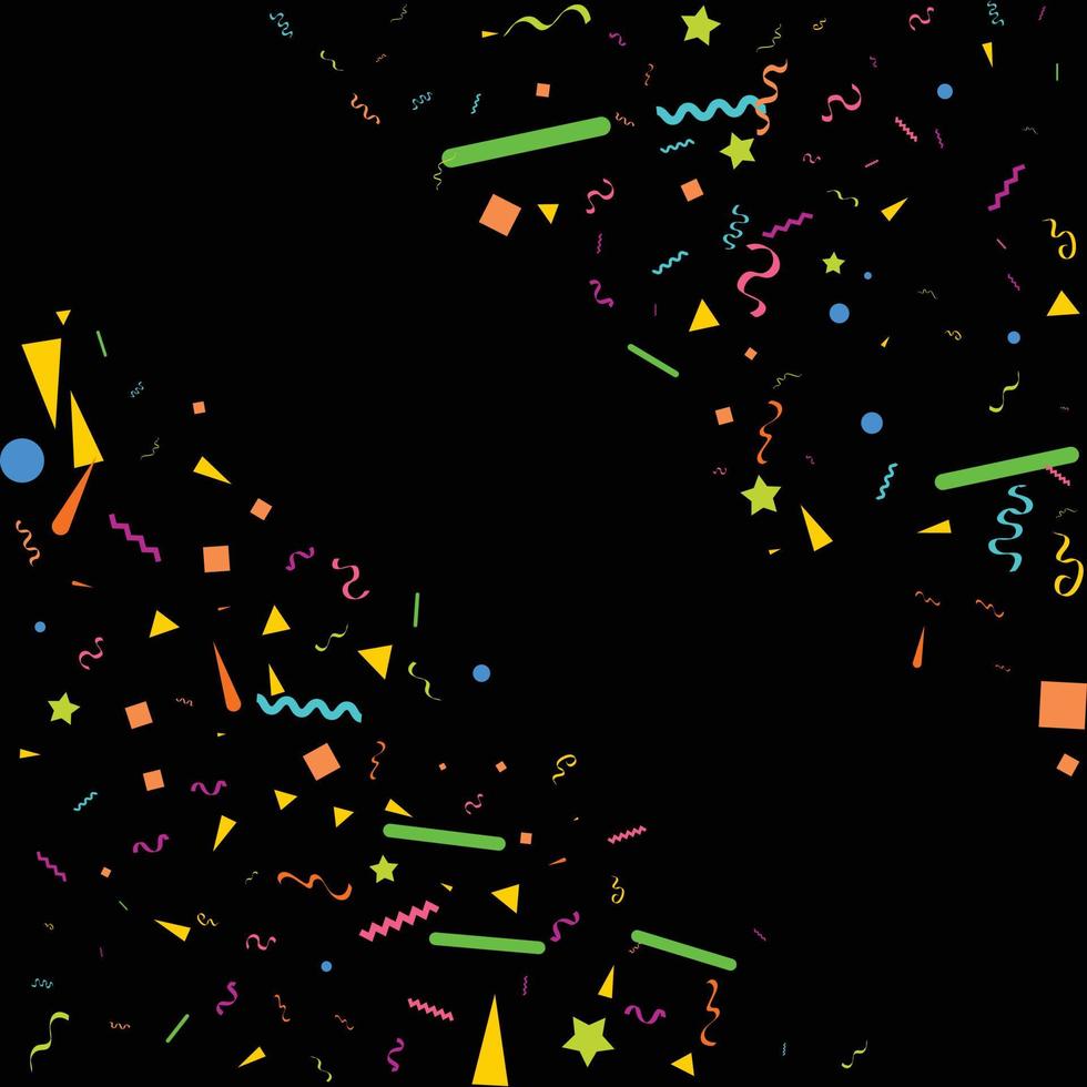 Vector abstract Black Background with many falling tiny colorful confetti pieces and ribbon. Carnival. Christmas or New Year decoration colorful party pennants for birthday. festival