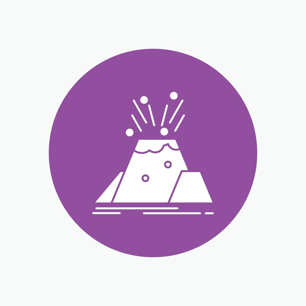 disaster. eruption. volcano. alert. safety White Glyph Icon in Circle. Vector Button illustration