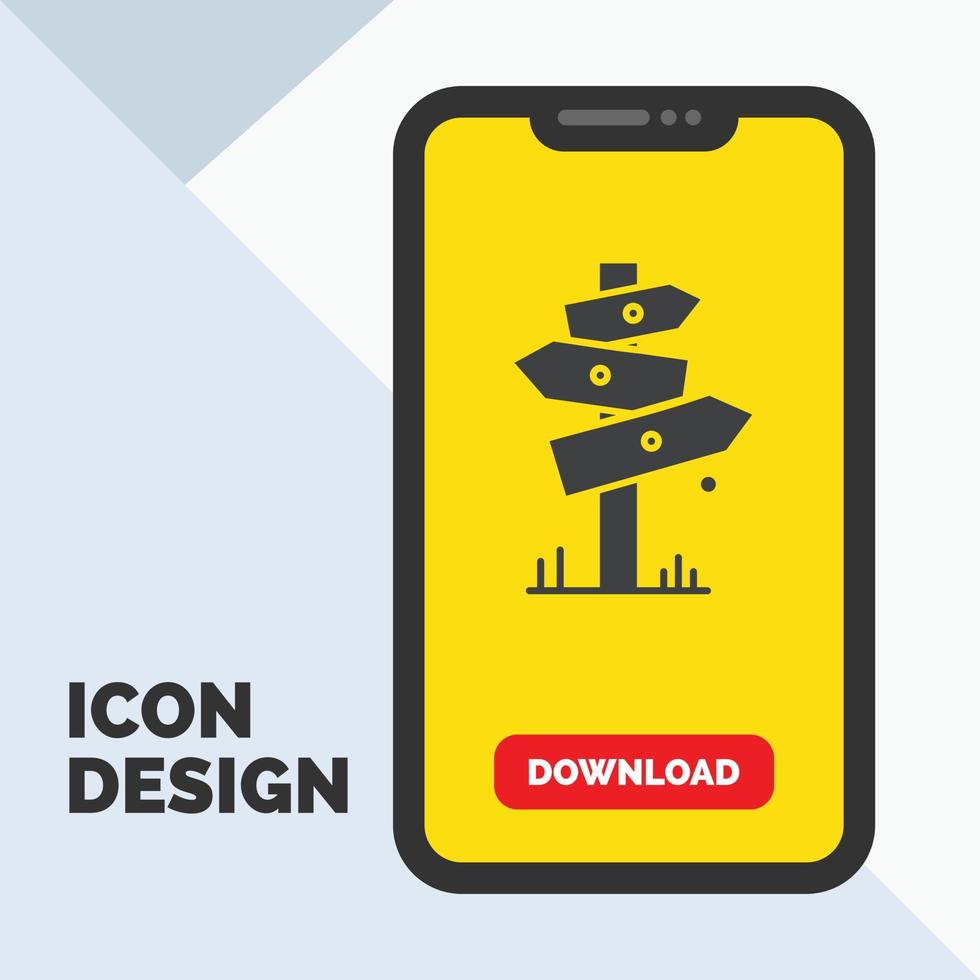 Direction. Board. Camping. Sign. label Glyph Icon in Mobile for Download Page. Yellow Background vector