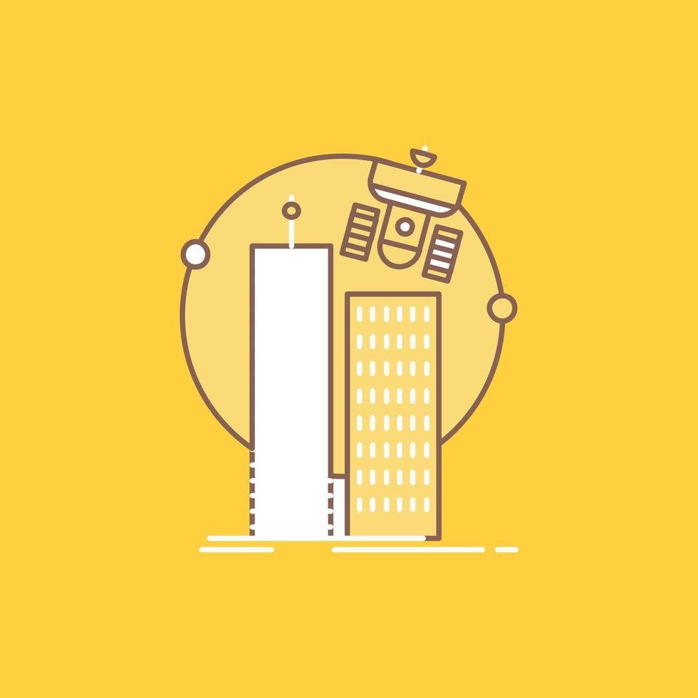 edificio. ciudad inteligente. tecnología. satélite. icono lleno de línea plana de la corporación. hermoso botón de logotipo sobre fondo amarillo para ui y ux. sitio web o aplicación móvil vector