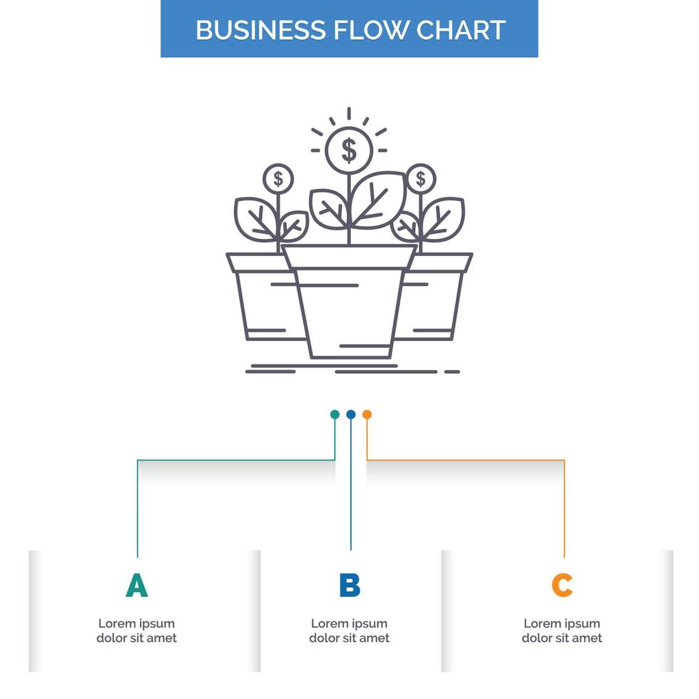 crecimiento. dinero. planta. maceta. diseño de diagrama de flujo de negocio de árbol con 3 pasos. icono de línea para el lugar de plantilla de fondo de presentación para texto vector