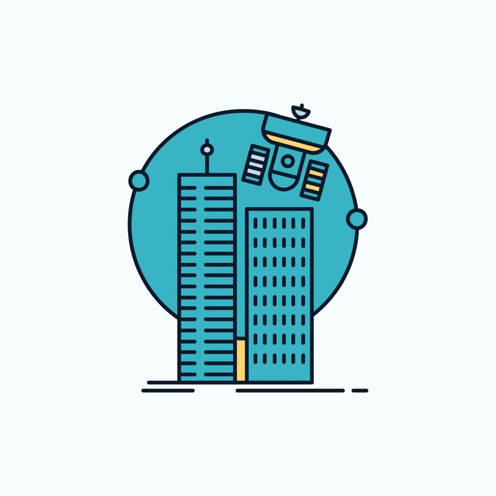 edificio. ciudad inteligente. tecnología. satélite. icono plano de la corporación. signo y símbolos verdes y amarillos para el sitio web y la aplicación móvil. ilustración vectorial vector