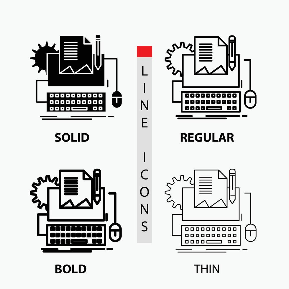 escritor de tipos. papel. computadora. papel. icono de teclado en fino. regular. línea en negrita y estilo de glifo. ilustración vectorial vector