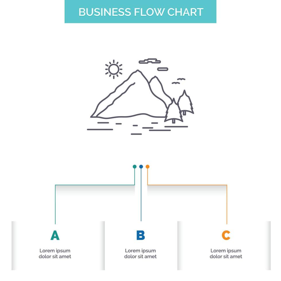 Nature. hill. landscape. mountain. sun Business Flow Chart Design with 3 Steps. Line Icon For Presentation Background Template Place for text vector