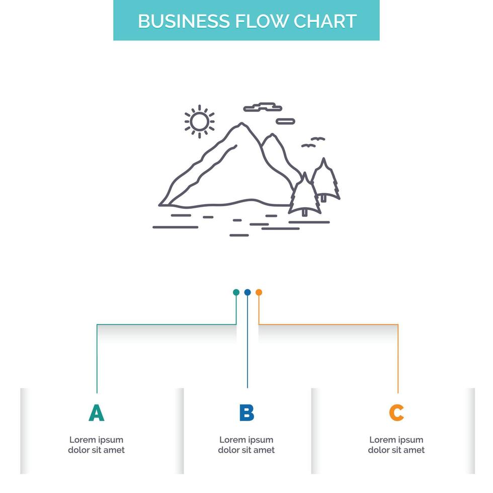 naturaleza. Cerro. paisaje. montaña. diseño de diagrama de flujo de negocios de sol con 3 pasos. icono de línea para el lugar de plantilla de fondo de presentación para texto vector