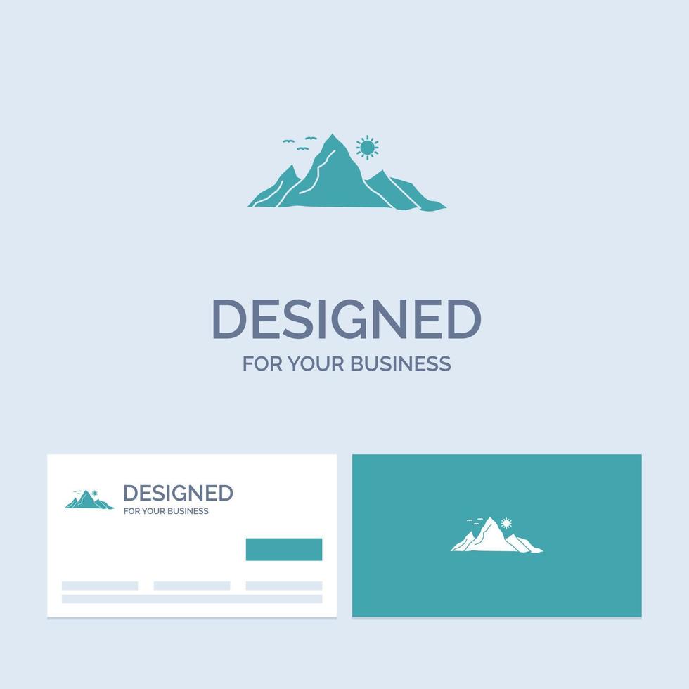 mountain. landscape. hill. nature. sun Business Logo Glyph Icon Symbol for your business. Turquoise Business Cards with Brand logo template. vector