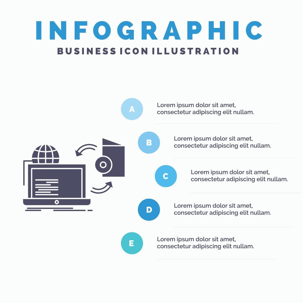 desct. en línea. juego. publicar. publicación de plantilla de infografía para sitio web y presentación. icono de glifo gris con ilustración de vector de estilo infográfico azul.