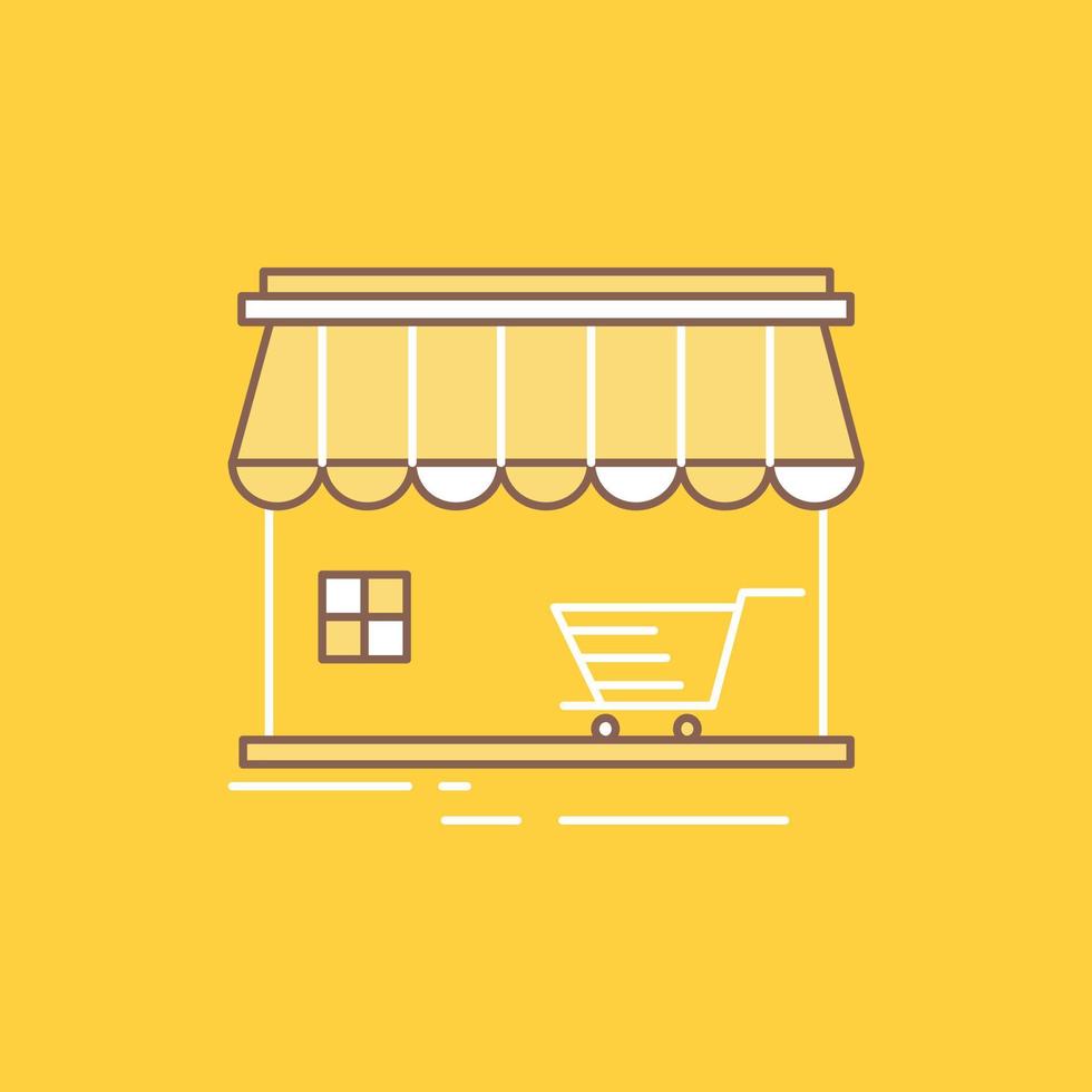 tienda. Tienda. mercado. edificio. icono lleno de línea plana de compras. hermoso botón de logotipo sobre fondo amarillo para ui y ux. sitio web o aplicación móvil vector