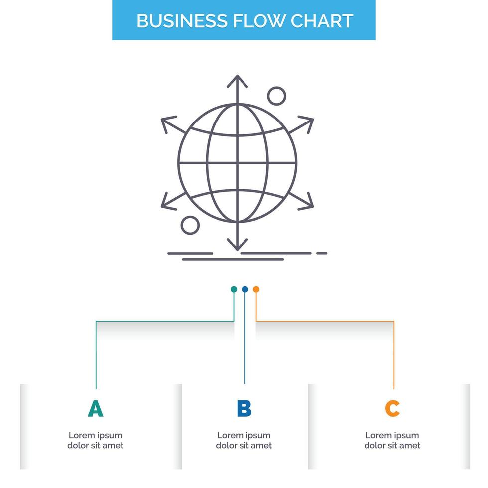 business. international. net. network. web Business Flow Chart Design with 3 Steps. Line Icon For Presentation Background Template Place for text vector