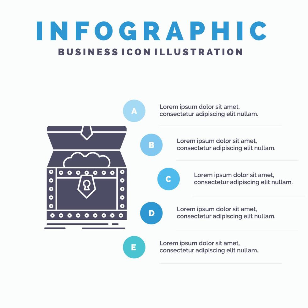 caja. cofre. oro. premio. plantilla de infografía del tesoro para sitio web y presentación. icono de glifo gris con ilustración de vector de estilo infográfico azul.