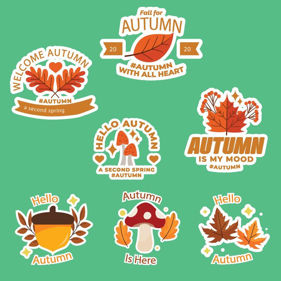 Set of stickers of autumn elements, mushrooms, leaves vector
