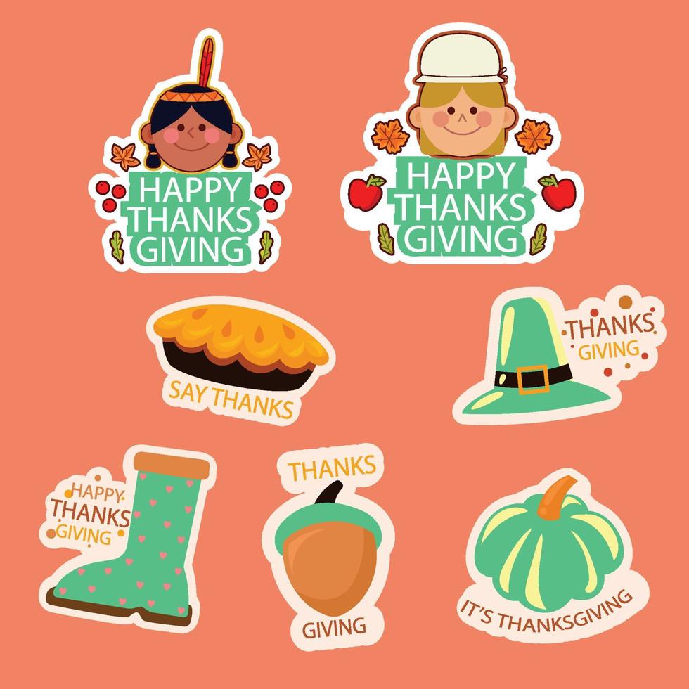 Set of cute colorful stickers for Thanksgiving day vector