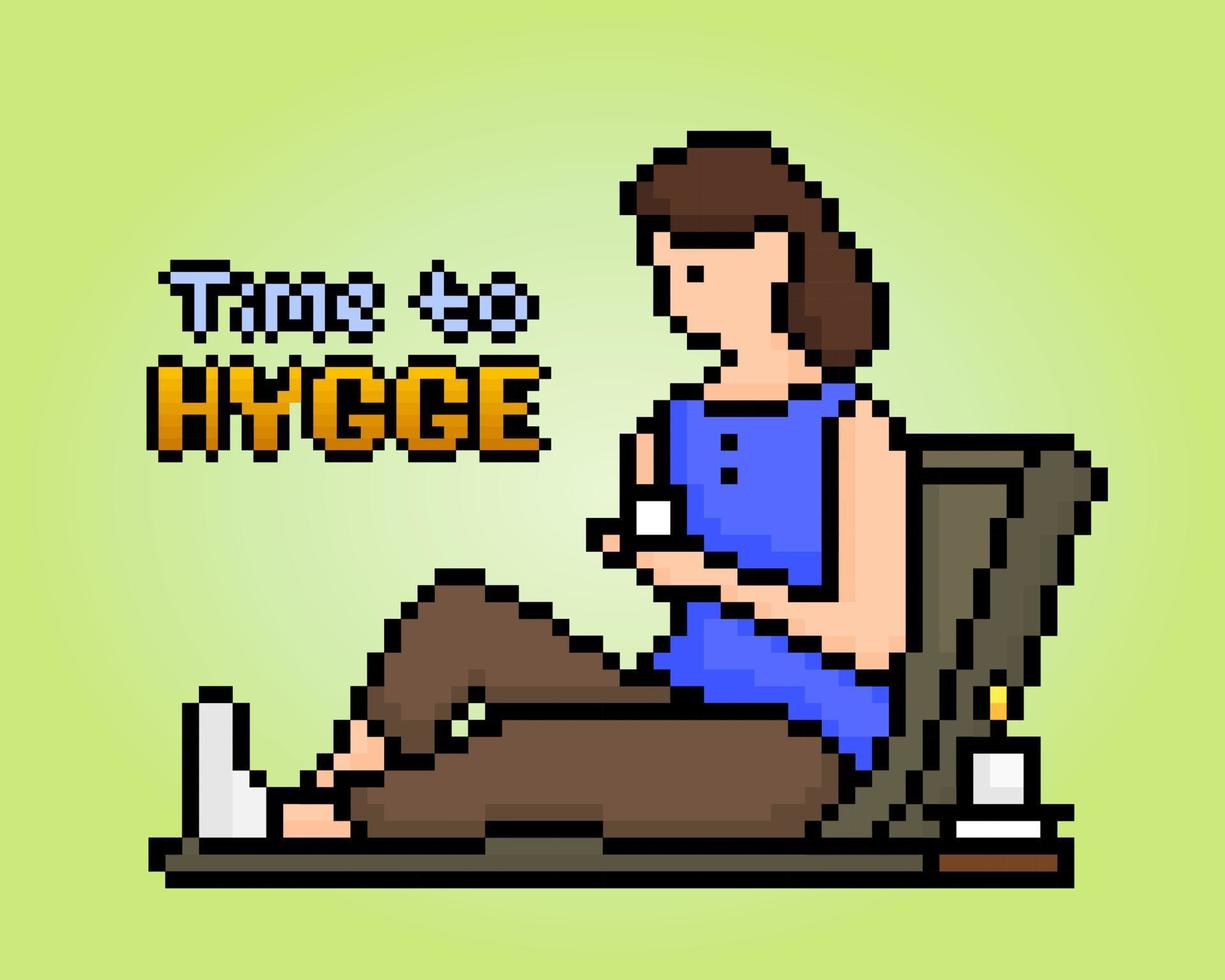 Píxeles de 8 bits el tema hygge. la caricatura de mujeres sentadas relajándose y tomando café en ilustraciones vectoriales. vector