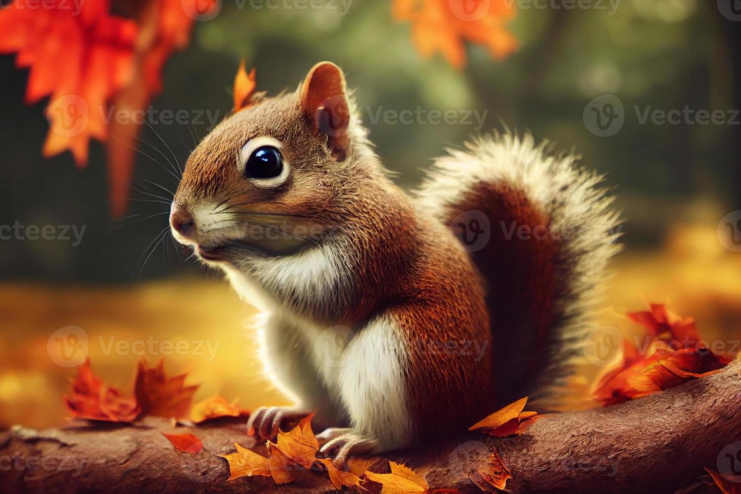 3d illustration of a cute squirrel sitting on a branch in autumn forest photo