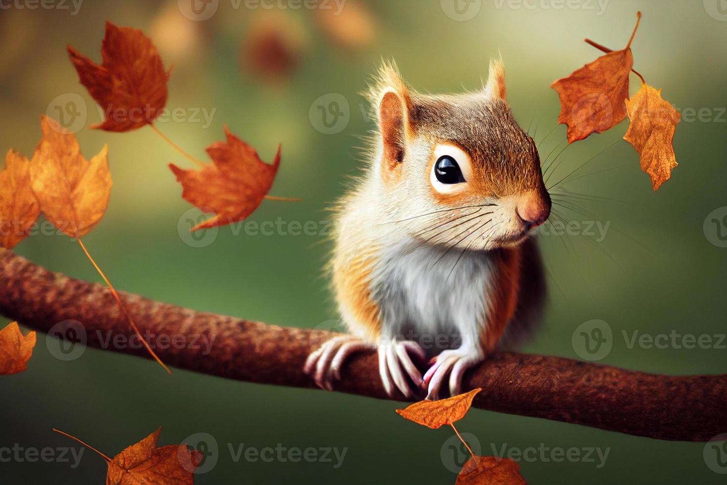 3d illustration of a cute squirrel sitting on a branch in autumn forest photo