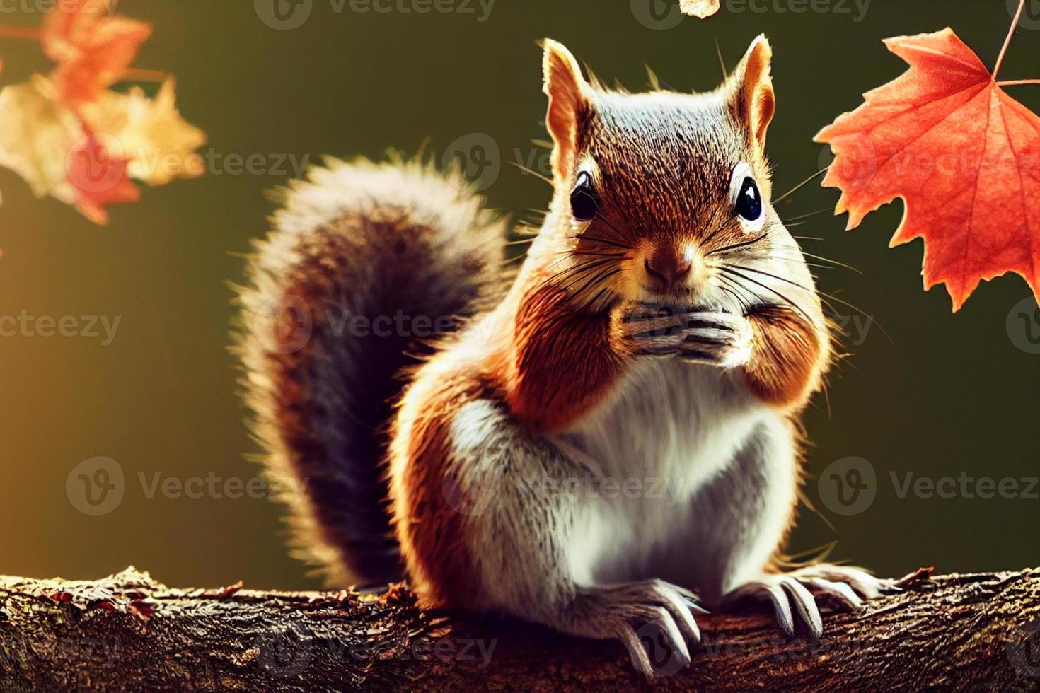 3d illustration of a cute squirrel sitting on a branch in autumn forest photo