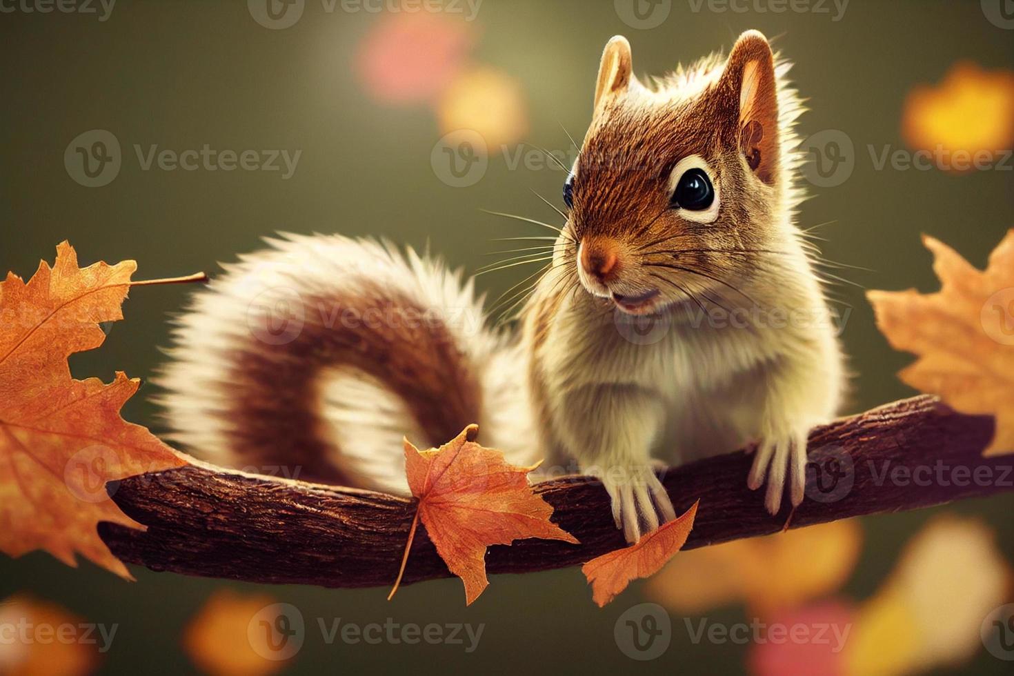 3d illustration of a cute squirrel sitting on a branch in autumn forest photo
