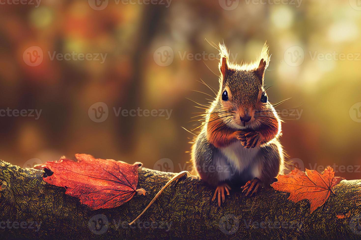 3d illustration of a cute squirrel sitting on a branch in autumn forest photo