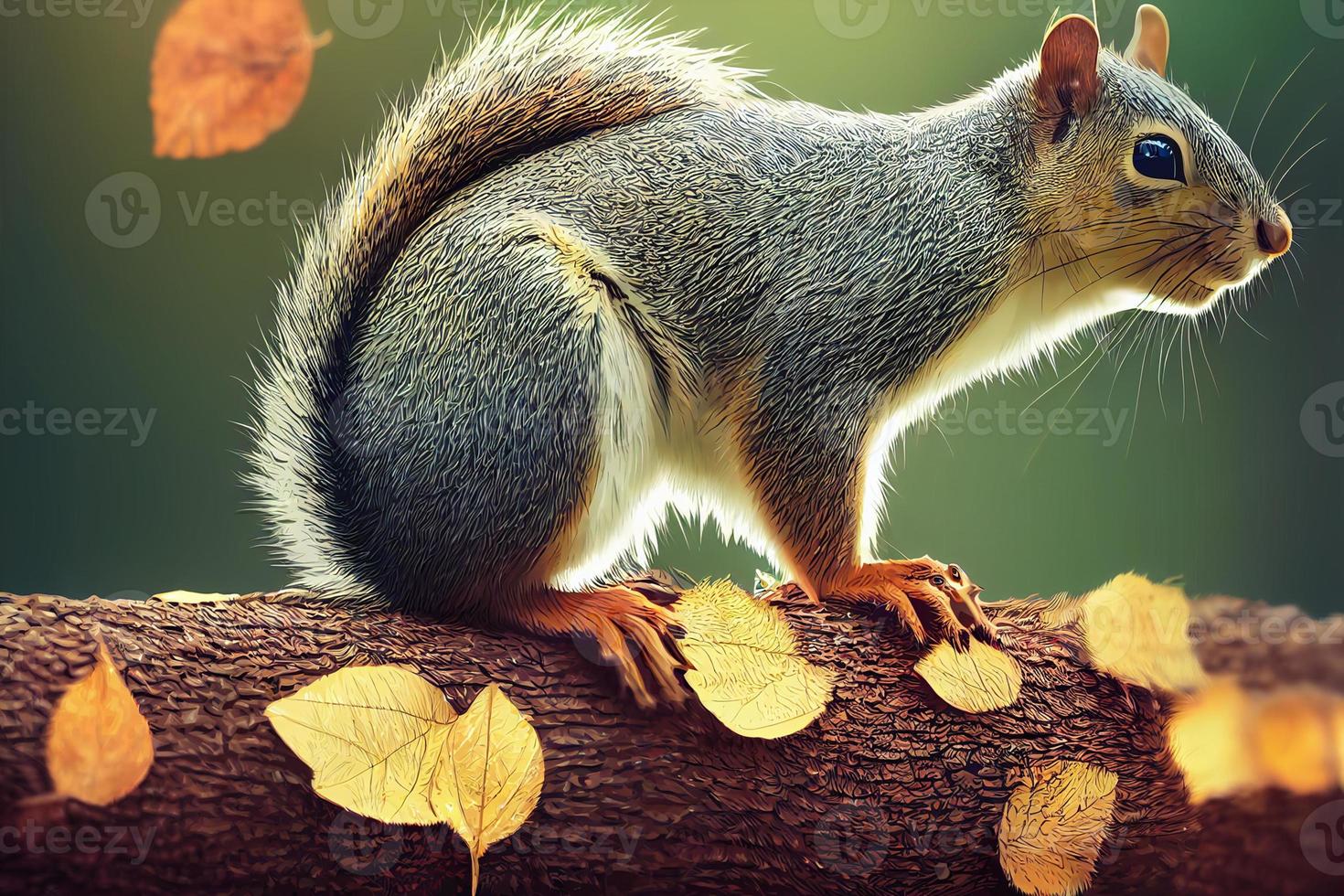 3d illustration of a cute squirrel sitting on a branch in autumn forest photo