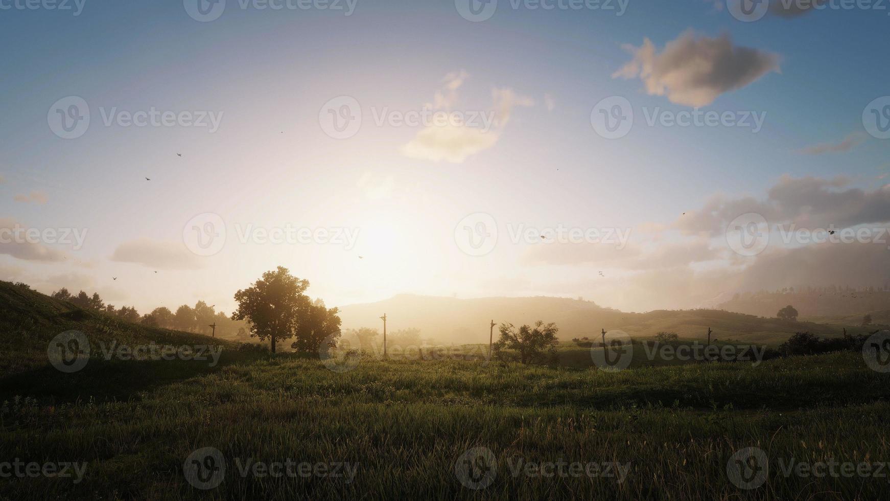 vast grassland The sun is leaving the horizon 3D rendering photo