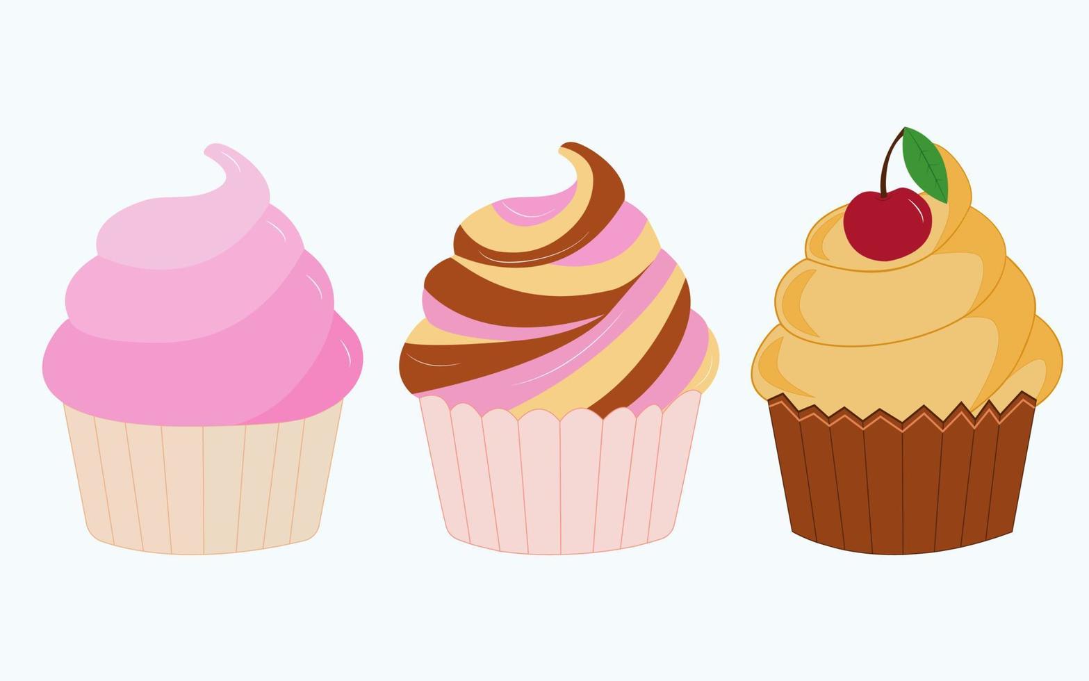 Set of bright cupcakes. Set of cupcakes isolated on white background. Vector stock illustration.