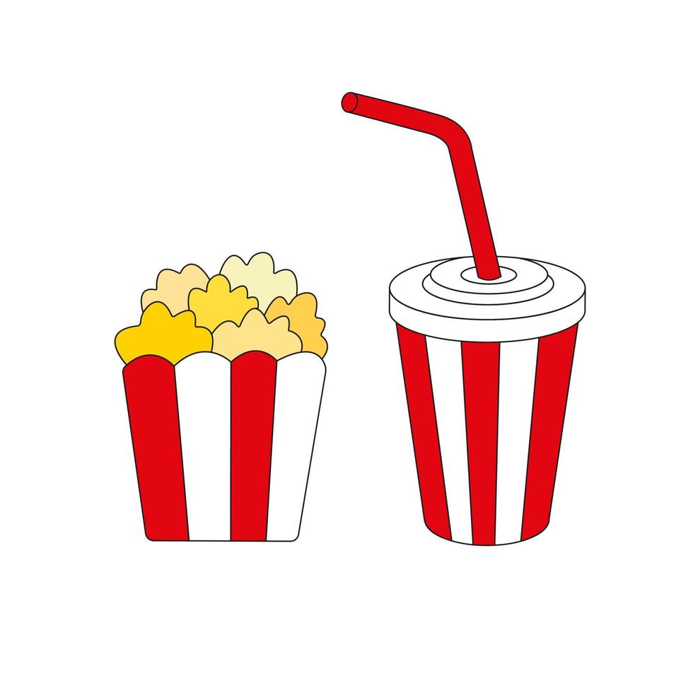 A glass of cola with popcorn. Popcorn and cola cartoon illustration. Vector stock illustration.