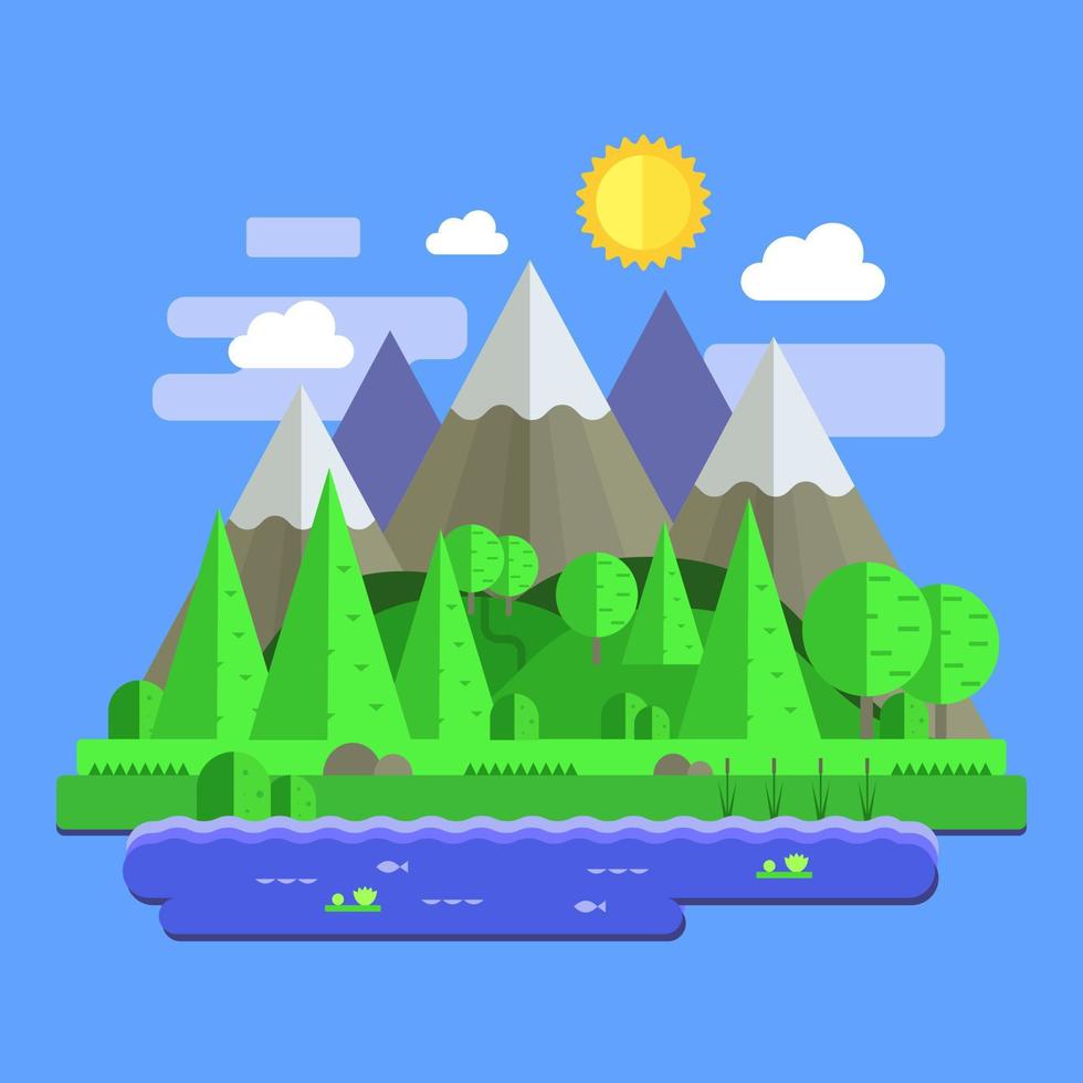 Mountains with forest cartoon view. Mountain landscape flat illustration. Vector stock illustration.