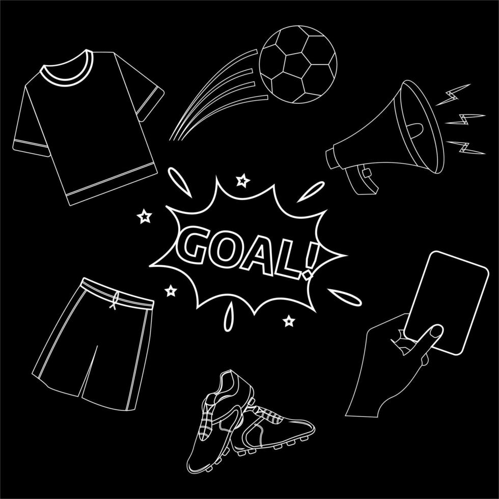 Football paraphernalia drawn in chalk on a blackboard. Hand drawn football elements. Vector stock illustration.