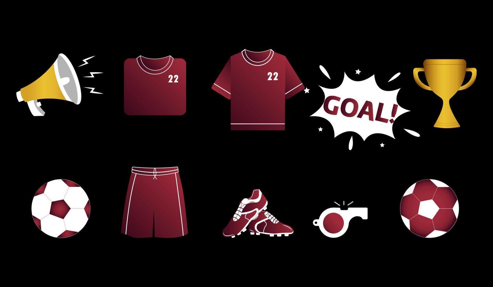 Football and soccer championship attributes. T-shirt, shorts, ball, boots, whistle, cup, megaphone. Vector stock illustration.
