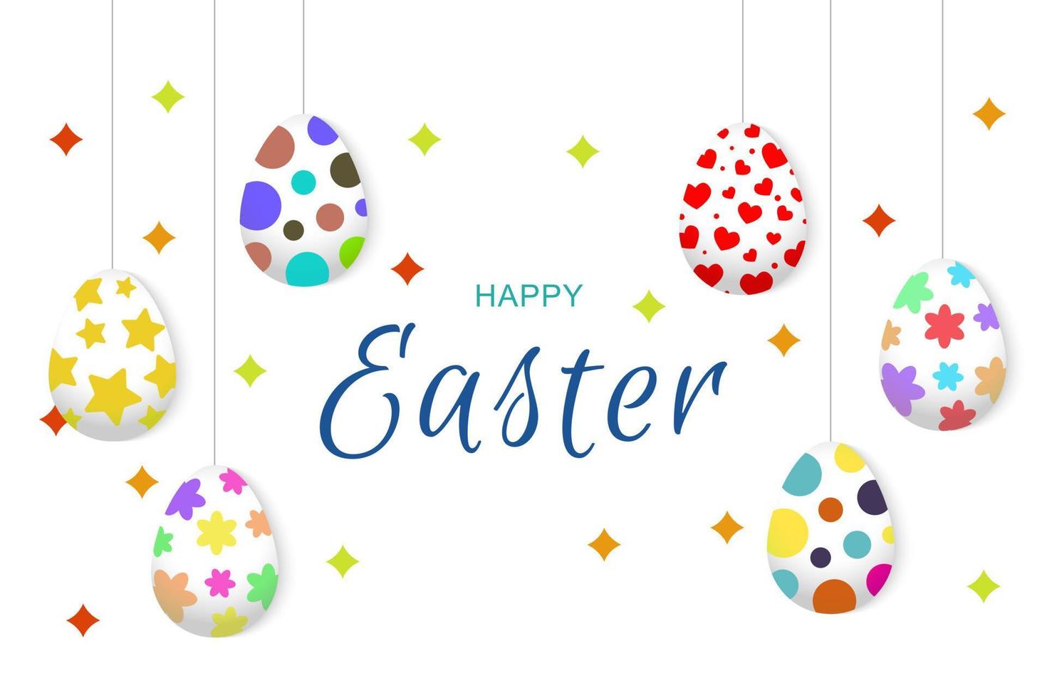 Easter flyer with hanging eggs. Bright Easter banner with a handwritten title. Vector stock illustration.