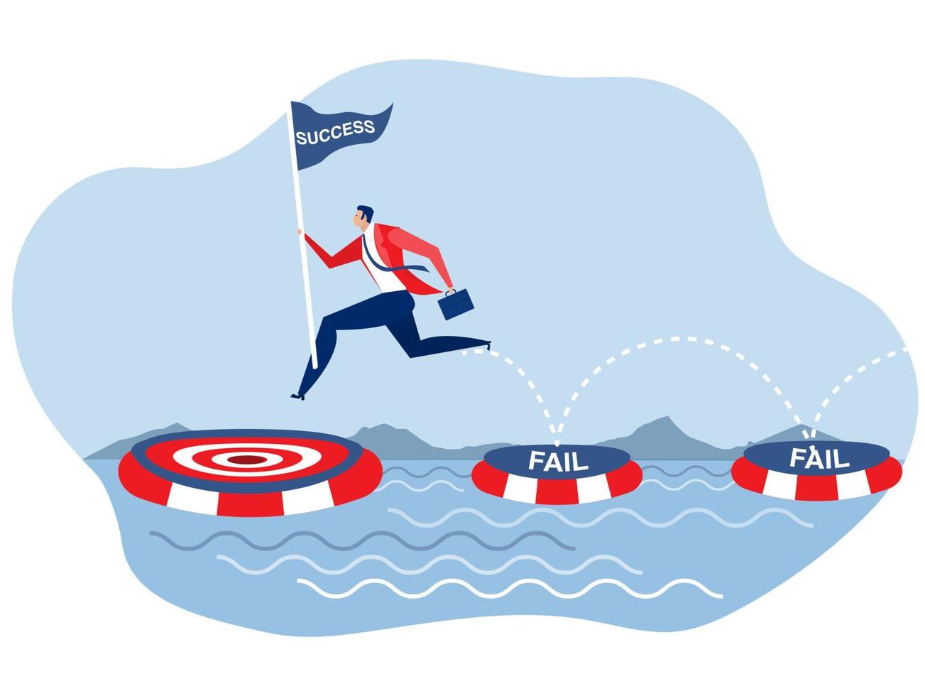 objetivo de éxito, hombre de negocios que sostiene la bandera de éxito saltando en muchas ocasiones de fallas flotando en el agua y finalmente alcanza el concepto de meta de éxito vector ilustrador plano