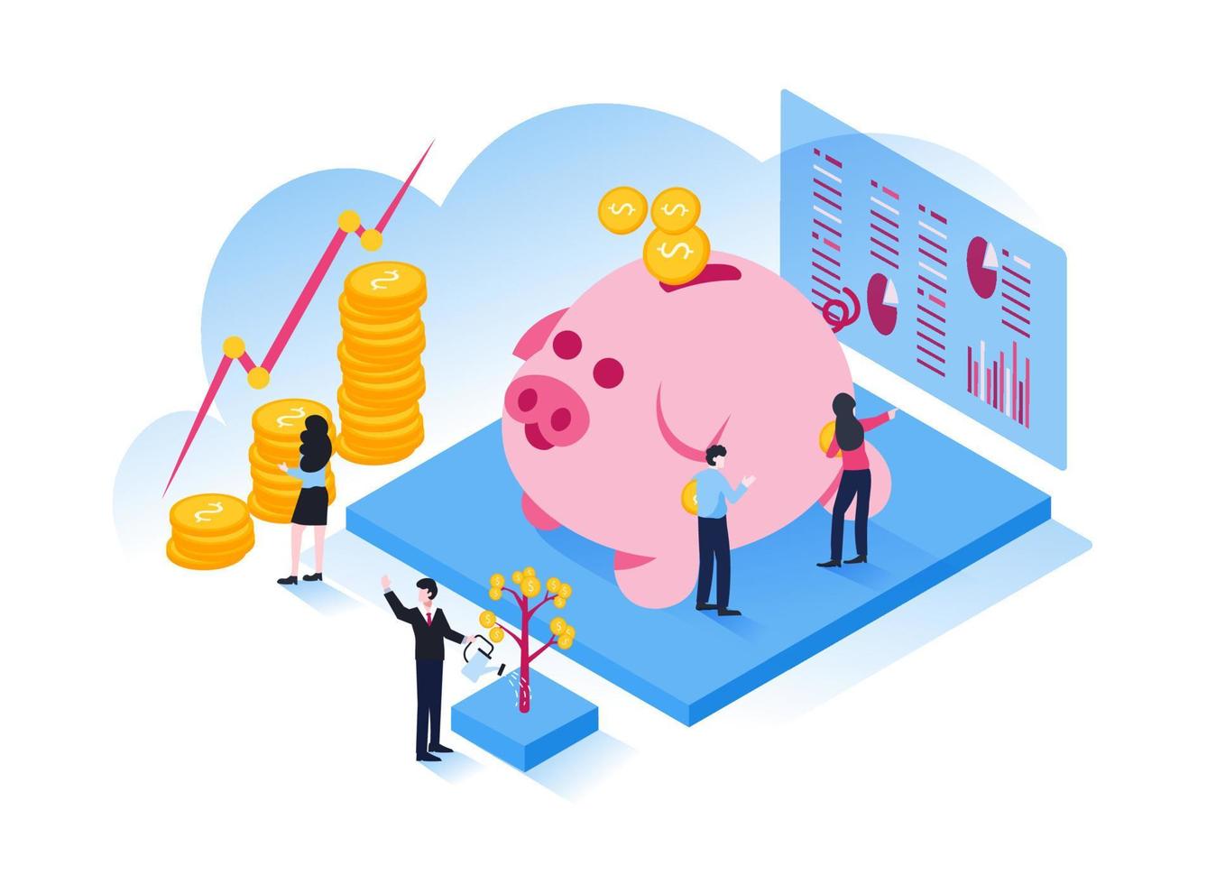 Illustration of business investment, finance, and teamwork concept in modern flat isometric vector
