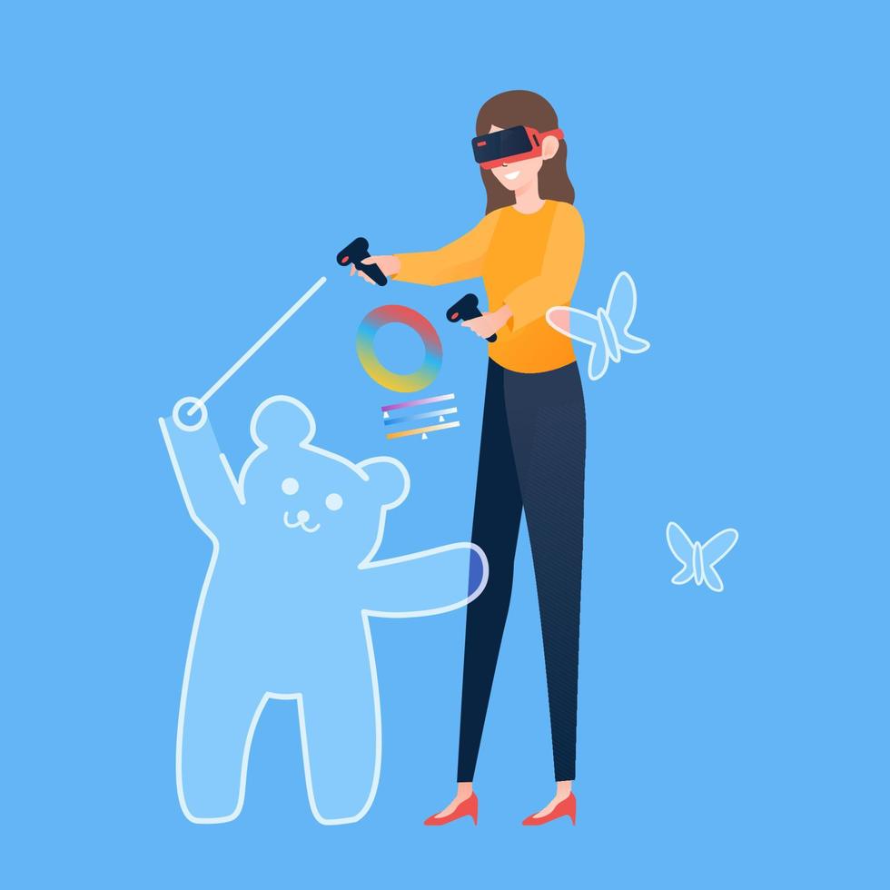 Woman wearing virtual reality headset with controller to drawing animal characters vector