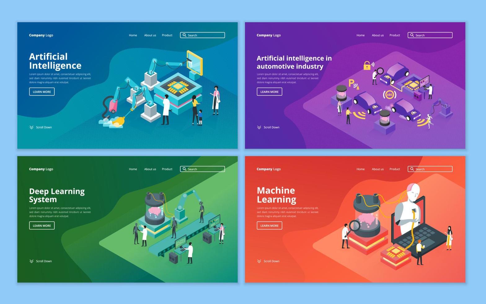 Set of web page design template for artificial intelligence AI, robot technology, future technology, machine learning. Illustration for website and mobile website development vector