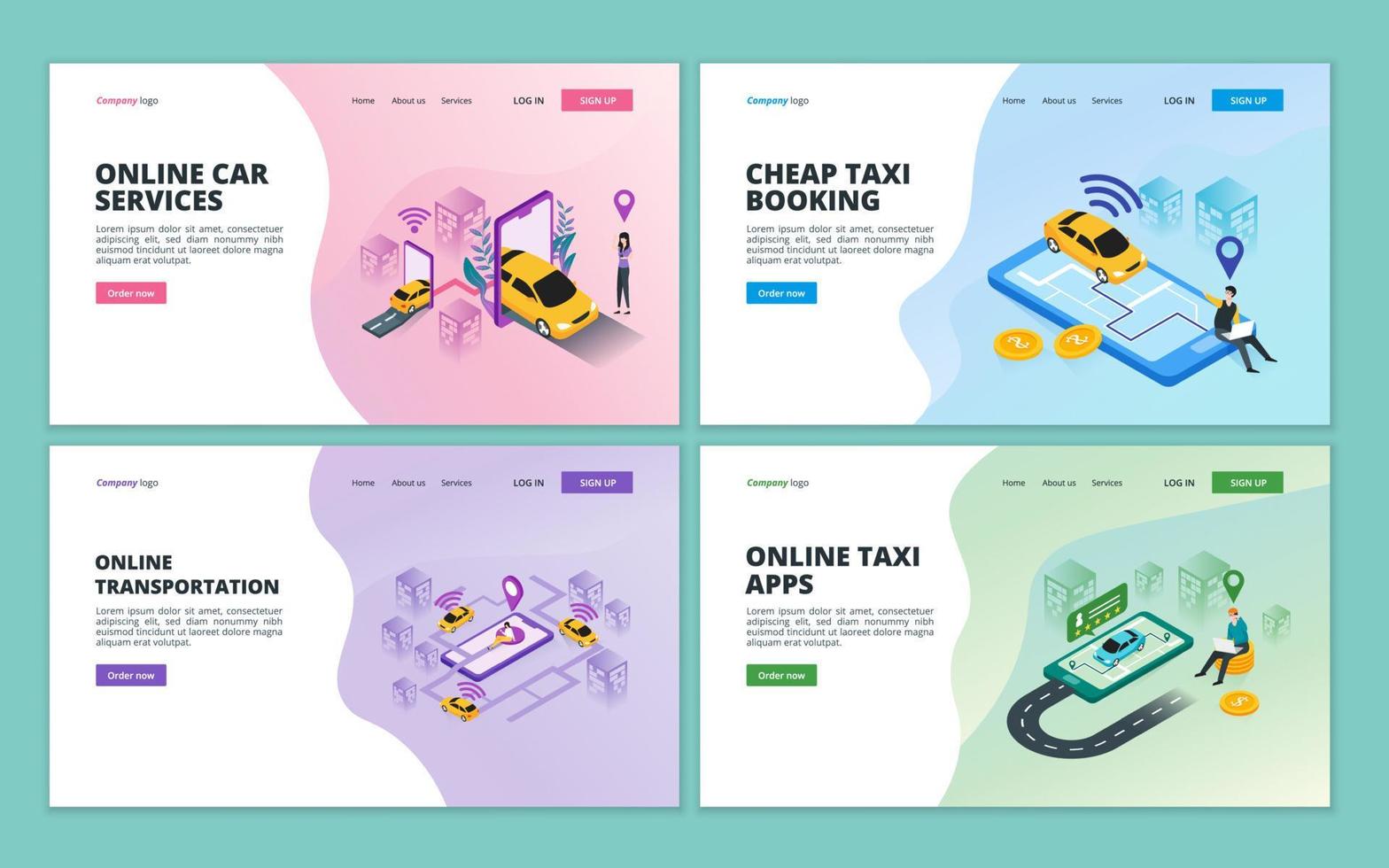 plantilla de página de destino de taxi en línea, servicio de uso compartido de automóviles, transporte urbano en línea para el desarrollo de sitios web y sitios web móviles vector