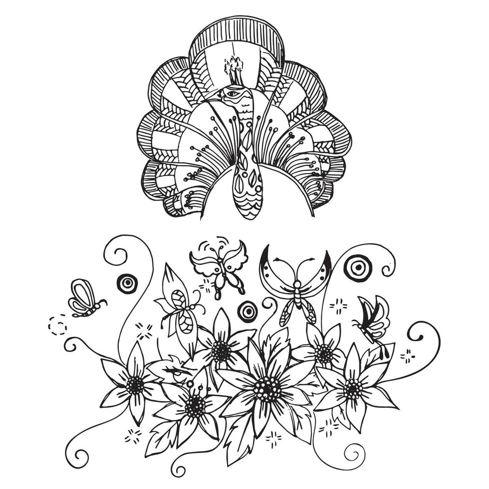 Doodle flower and peacock vector