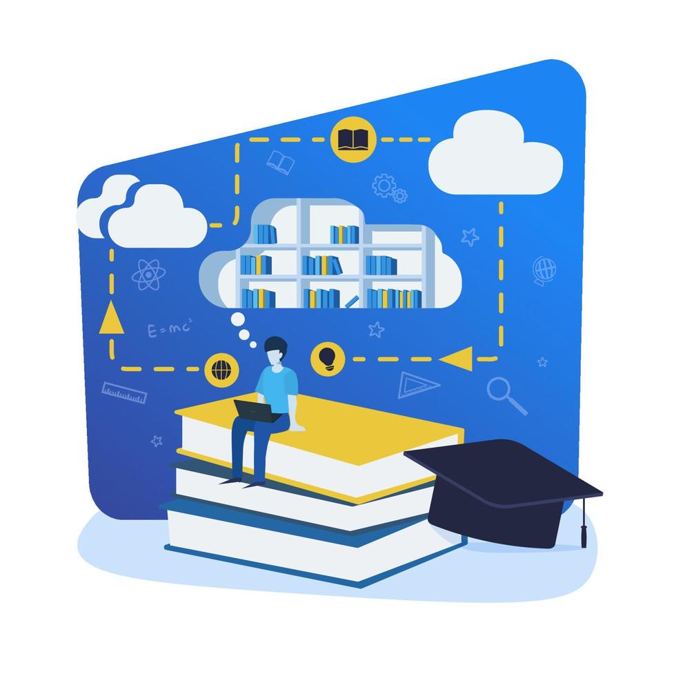 Student studying and learning online with a laptop. Online education, e-learning, online courses concept. Illustration for website, landing page and business presentation vector