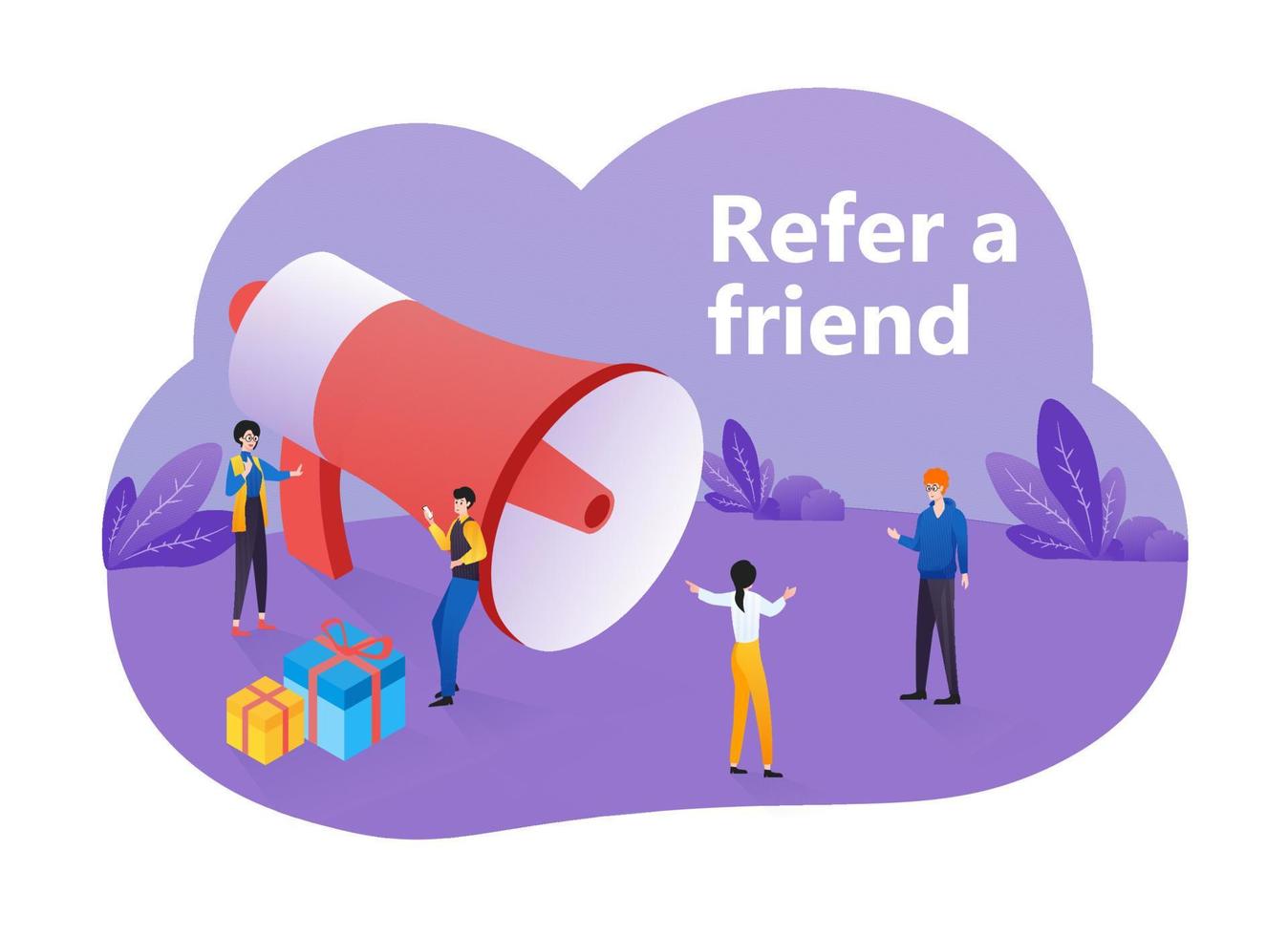 referir un concepto de amigo. marketing de referencia, marketing de afiliación, mercadeo en red, asociación comercial, estrategia de programa de referencia vector