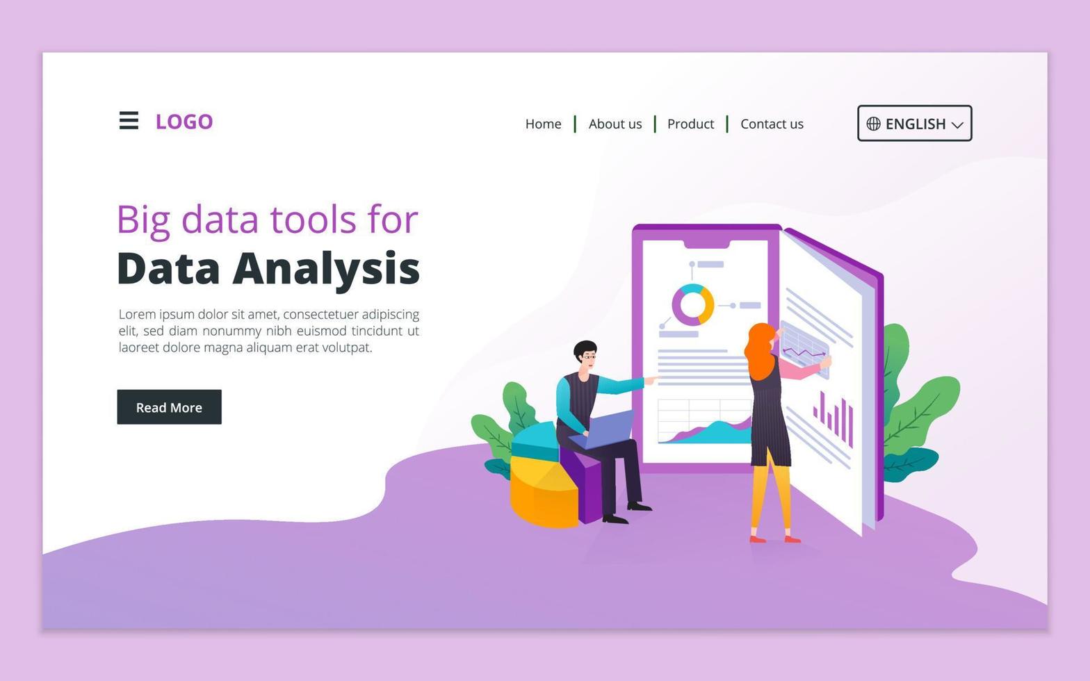 Big data tools for data analysis landing page. Seo analysis, website analytics concept for website and mobile website development vector