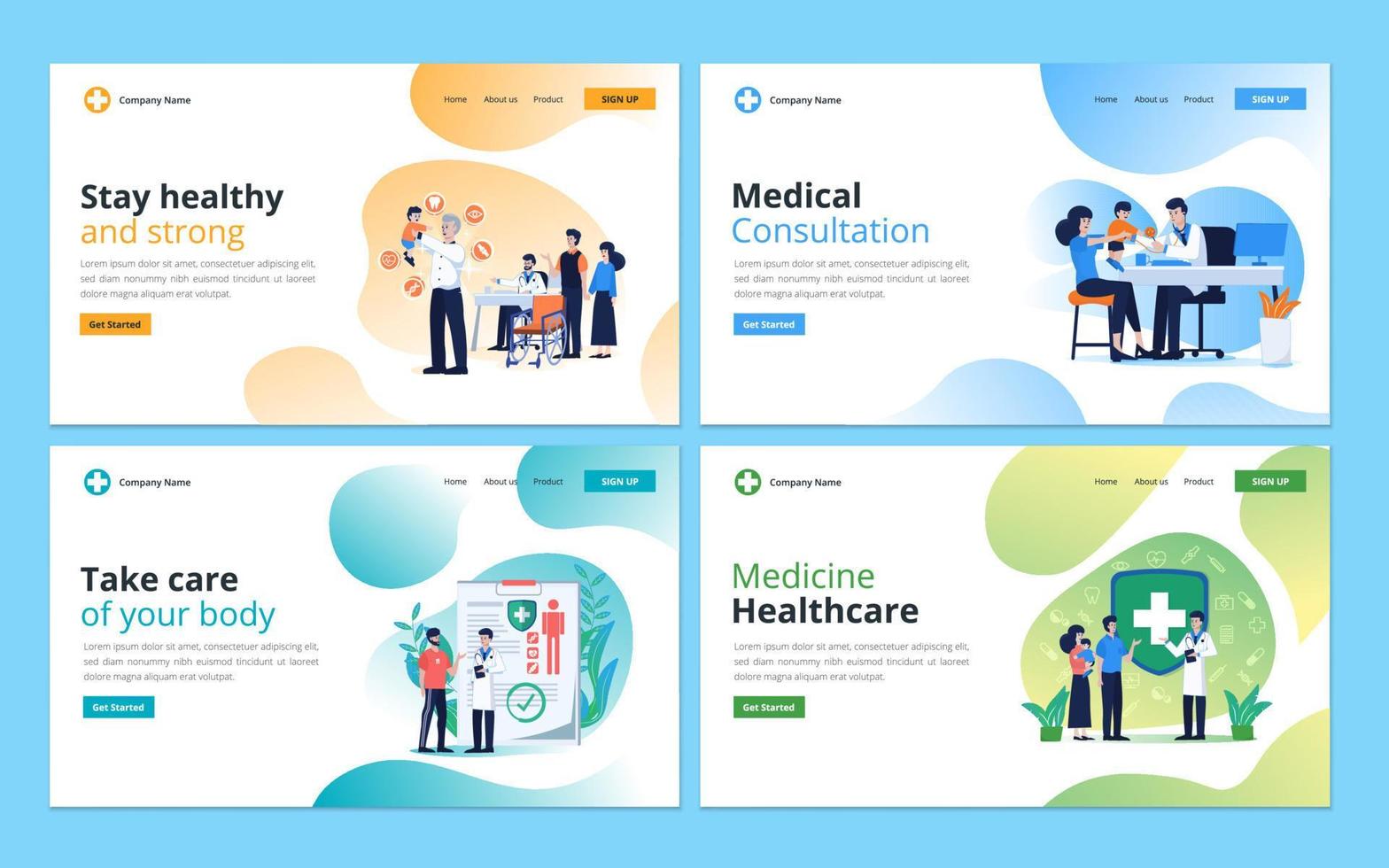 conjunto de plantillas de diseño de páginas web para consulta médica, asistencia médica, atención médica y servicio. ilustración para el desarrollo de sitios web y sitios web móviles vector